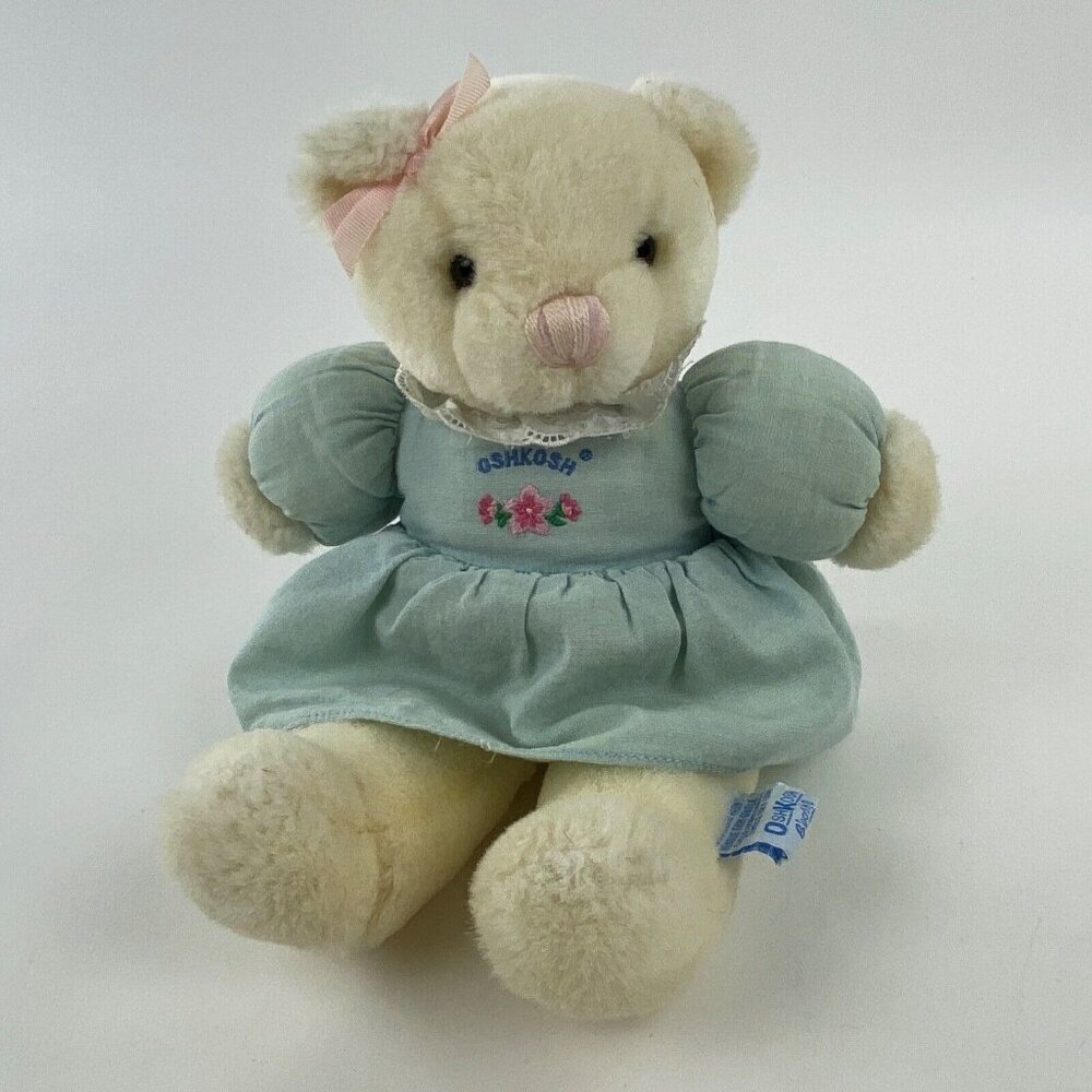 OshKosh B'Gosh Teddy Bear Plush Stuffed Animal, Eden Toys Blue Dress Vintage
